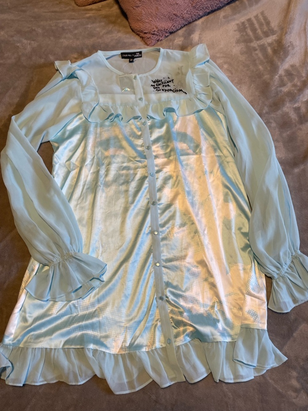 Dolls Kill Light Blue Sheer Ruffle Button-Front “I’m not Regan” Dress